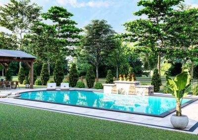 Custom luxury swimming pool with integrated fire feature, water feature, and landscaped outdoor living space by Emerald Isle Pools